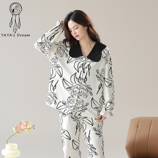 Black and white floral lapel cotton women pajamas